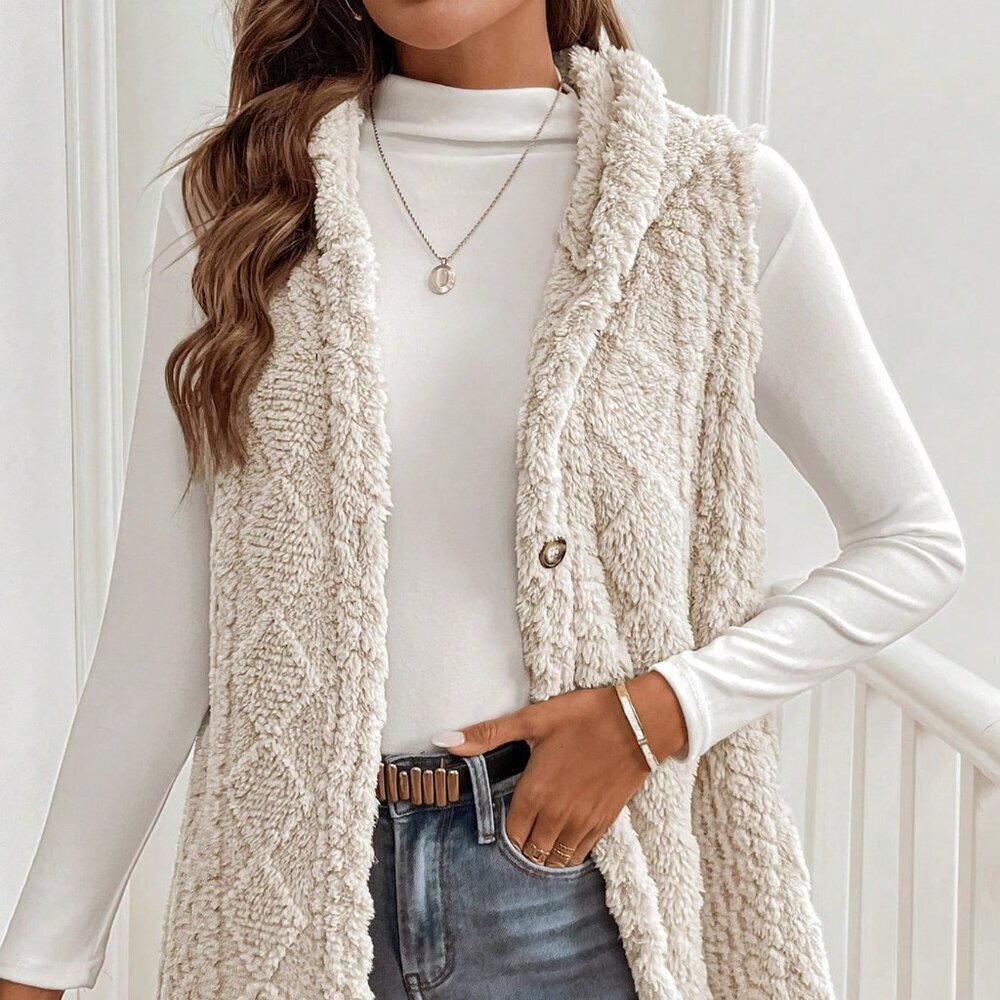 Apricot Casual Women's Hooded Sleeveless Fuzzy Coat - Picture 5 of 7